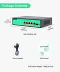 4 Port PoE Plus Plus Switch With BT 90W Per Port 96W Total Budget full view with power adapter and user manual
