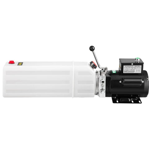 Side view of white 6-quart hydraulic power unit with black motor for car lifts
