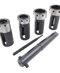 Tailstock Die Holder Set With MT3 Tapered Shank Includes Pin Punch And Four Die Holders In Thirteen Sixteenths, One, One And Five Sixteenths And One And One Half Inch Sizes For Easy Interchangeability And Heavy Duty Performance displayed on a white background.