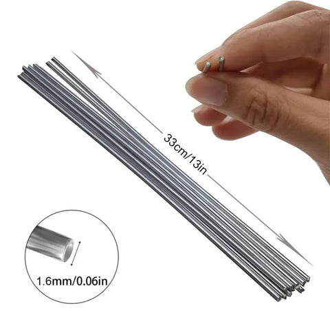 Hand holding Low Temp Flux-Cored Aluminum Brazing Rods Set, 100 Pcs For Welding Aluminum, showing 33cm length and 1.6mm diameter