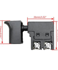 Badass Replacement Speed Regulating Switch For Electric Drill Planer And Marble Cutter With 250V Push Button shown from the front with dimensions.