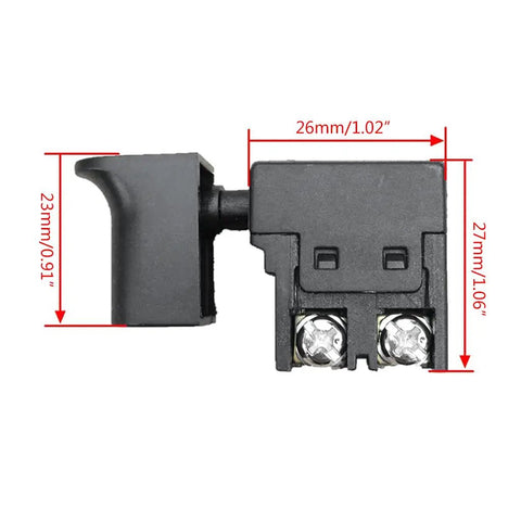 Badass Replacement Speed Regulating Switch For Electric Drill Planer And Marble Cutter With 250V Push Button shown from the front with dimensions.