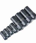Ultimate 8-Piece Tap Socket Set For Auto Repair. Ultra-Durable Carbon Steel Threads Tool Kit. Perfect Fit For Tight Spaces And Precision Work. No More Bulky Handles Needed. Get The Job Done Fast! eight carbon steel tap sockets #1-#8
