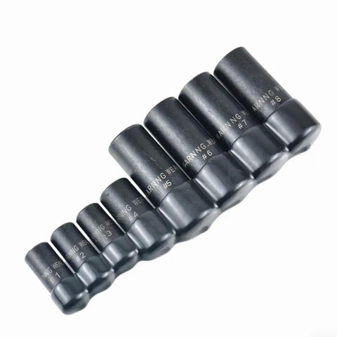 Ultimate 8-Piece Tap Socket Set For Auto Repair. Ultra-Durable Carbon Steel Threads Tool Kit. Perfect Fit For Tight Spaces And Precision Work. No More Bulky Handles Needed. Get The Job Done Fast! eight carbon steel tap sockets #1-#8