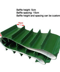 Heavy Duty Climbing Conveyor Belt Crafted From Tough PVC Rubber With High Rise Wave Baffles For Non Slip Grip And Smooth Sailing Through Food Sorting Or Industrial Transport Workloads 3.9X16.4 Feet, showing green baffles with adjustable height.