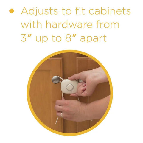 Person adjusting OutSmart Flex Lock White 4 Pack Childproof Cabinet Lock over cabinet handles, showing 3 to 8 inch fit.