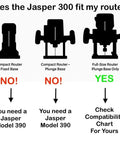 Compatibility chart for Jasper 300 router with different router base types, indicating models 390 needed for compact routers.