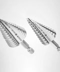 Cordless Drill Ready Step Drill Bit Set With Hex Shank And 2x Faster Cutting Through Metal Wood And Plastic Bosch IMSDC002 2 Piece Boss Grade Turbo Cut For Impact Drivers, silver bits with markings.