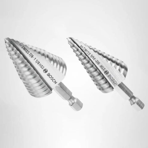 Cordless Drill Ready Step Drill Bit Set With Hex Shank And 2x Faster Cutting Through Metal Wood And Plastic Bosch IMSDC002 2 Piece Boss Grade Turbo Cut For Impact Drivers, silver bits with markings.