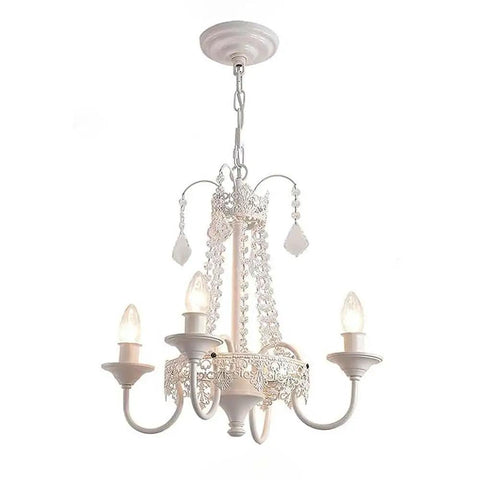 Crystal Mini French Country 4 Light Chandelier In White Finish Candle Style Ceiling Fixture For Dining Room Living Room Bedroom And Girls Room E12 Base Diameter About Eighteen Inches Height About Seventeen Point Nine Inches Adjustable Chain