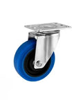 Superior Five Inch Medium Blue TPR Rubber Casters That Roll Smooth As Butter With Dead Silent Rolling Action And Heavy Duty 304 Stainless Steel Build For Fast Cart Work In Four Pack Stem Mount Sets Rated At 730 Lbs, close-up of a caster wheel.