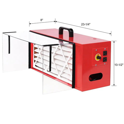 Greron Benchtop Dust Collector With 725 Cfm Powerful Air Filtration System Portable Woodworking Tool side view showing dimensions and filter.