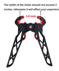 Folding Archery Bow Stand For Compound Bows With Non Slip Grip, showing limb clamp and 3 inch width limit.