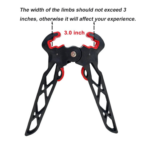 Folding Archery Bow Stand For Compound Bows With Non Slip Grip, showing limb clamp and 3 inch width limit.