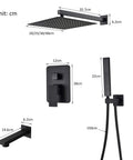 UMJIGF Shower System Wall Mounted Concealed Shower Faucet Set Multifunction Matte Black components with measurements in cm.