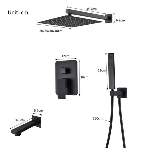 UMJIGF Shower System Wall Mounted Concealed Shower Faucet Set Multifunction Matte Black components with measurements in cm.