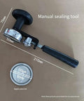 Portable Manual Can And Bottle Sealing Tool Easy To Use Handheld Aluminum Sealing Machine Locks In Freshness For Bevs Snacks Coffee And Tea At Home Or On The Go, shown with dimensions.