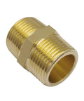 Close-up of brass hex nipple pipe fittings with 3/4 NPT male threads for plumbing applications