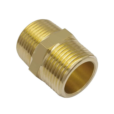 Close-up of brass hex nipple pipe fittings with 3/4 NPT male threads for plumbing applications