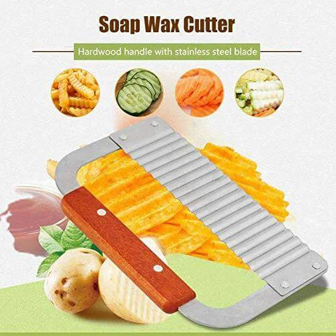 Pssopp soap cutter with stainless steel crinkle-wavy blade and hardwood handle for cutting soap loaf.