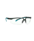 Heavy Duty Safety Glasses With Clear Polycarbonate Lenses And No Sweat Anti Fog Coating Featuring Adjustable Ratchet Temples In Gray And Blue Green side view