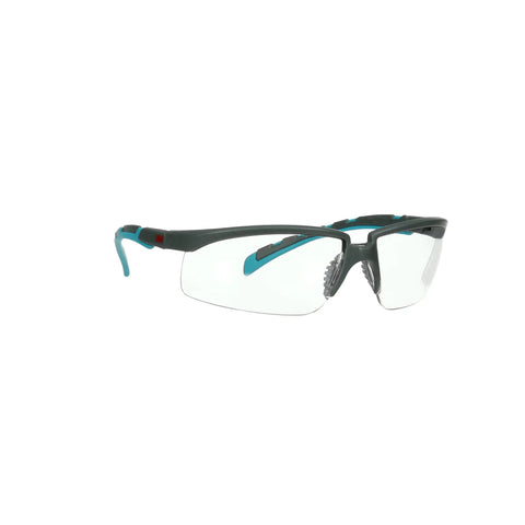 Heavy Duty Safety Glasses With Clear Polycarbonate Lenses And No Sweat Anti Fog Coating Featuring Adjustable Ratchet Temples In Gray And Blue Green side view