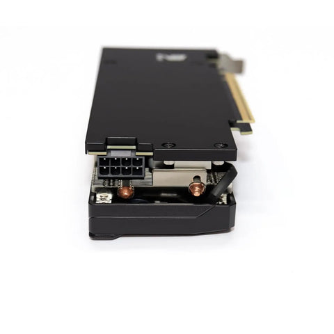 Close-up of Beefed-Up Aluminum GPU Backplate for GIGABYTE GeForce RTX 5060 and RTX 5050 OC Low Profile 8GB Cards, showing port alignment.