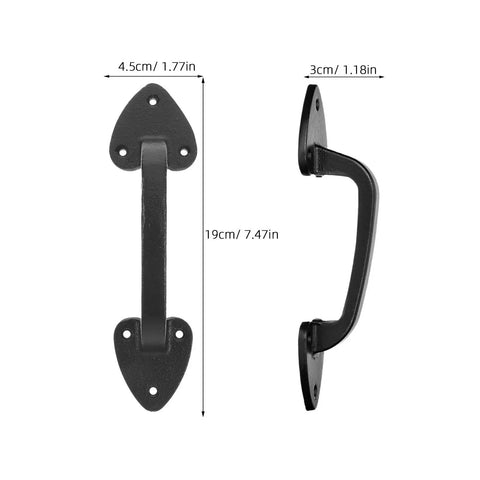 Heavy Duty Cast Iron Barn Door Handles Set Of 3 In Black With Aged Iron Finish, dimensions shown, side and front view with predrilled holes.