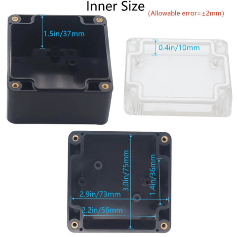 IP65 Waterproof Outdoor Junction Box Pack Of 2 ABS Plastic Project Box Electrical Enclosure Weatherproof Case Built For Tough Outdoor Electrical Components 3.27 x 3.19 x 2.20 Inches showing internal dimensions and lid.