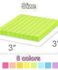 Lined Sticky Notes 3x3 Inches, 16 Pack With 56 Sheets Per Pad, shown in lime green with size dimensions and color options.