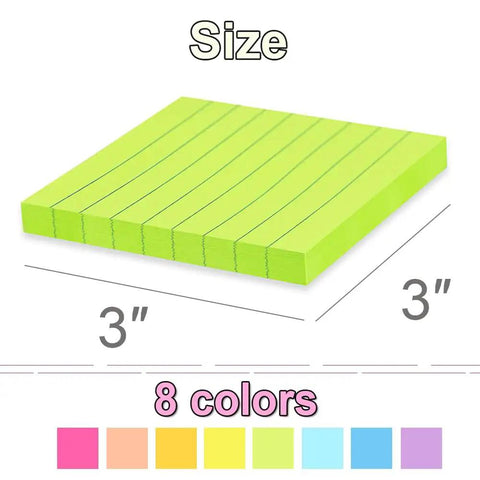 Lined Sticky Notes 3x3 Inches, 16 Pack With 56 Sheets Per Pad, shown in lime green with size dimensions and color options.