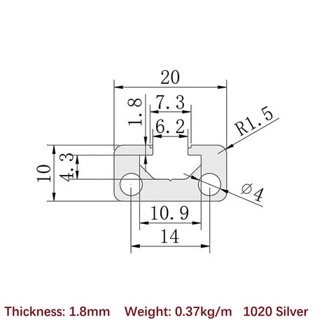 Technical drawing of Two Pack 280mm Aluminum Extrusion Profile 10x20mm 10 Series T Slot European Standard Anodized Silver Rail Frame.