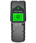 6 in 1 Stud Finder Wall Scanner-Electronic Stud Detector with Magnetic Sensor,LCD Display&Sound Alarm for Wood,Metal,AC Wire,Pipe Detection,3 Depth Modes-Black, front view with green LCD screen.