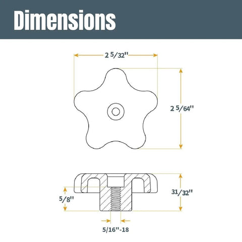 Dimensions of the Heavy Duty T Track Knob Kit with Threaded Knobs and 5/16-18 T Slot Bolts, 16-Piece Set for Jigs and Fixtures.