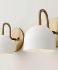 Modern Brass Bowl Wall Sconce - Mid Century Modern Light Fixture Pair (Set of 2) with white shades and brass accents.