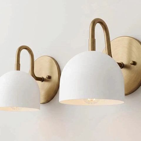 Modern Brass Bowl Wall Sconce - Mid Century Modern Light Fixture Pair (Set of 2) with white shades and brass accents.