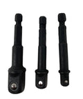 Impact Driver Socket Adapters 3 Piece Set With 1/4 Hex Shank To 1/4 Drive 1/4 Hex Shank To 3/8 Drive And 1/4 Hex Shank To 1/2 Drive