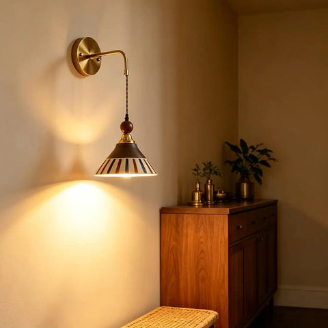 DWEIHDV Ceramic Wall Sconce Vintage Gold Wall Light Fixture with striped ceramic shade and brass body in a cozy corner.