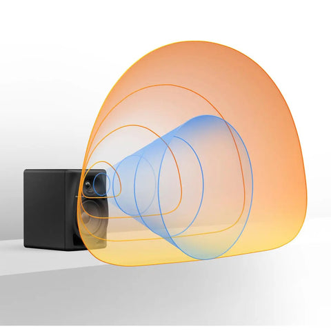 DM-50D Active 5-Inch Desktop Monitor Speaker Built For Home Studio And Club DJ Sets, showing sound wave projection.