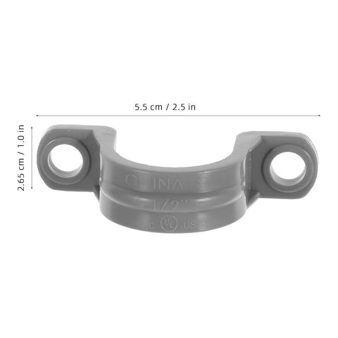 Killer Grip 20 Pack PVC Pipe Clamps Half Inch Conduit Straps grey plastic clamp with holes for secure installation and routing.