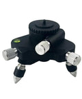 Rock Solid Laser Level Adapter Base Featuring Dead On 360 Micro Adjustment Slick Rotary Knobs And Built In Bubble Works With 1 4 And 5 8 Inch Mounts Heavy Duty No Fuss Setup Tool close-up view with adjustable legs and bubble level