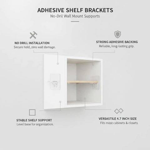 Stick On Shelf Brackets No Drill Wall Mounts For Closet And Cabinet Organization 4.7 By 4.7 Inch PP Plastic 2 Pack Easy Install