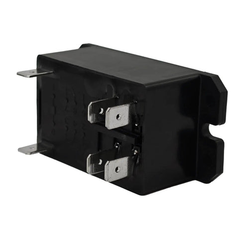Side view of Beefy Heavy Duty 12V DC Relay With 30A Power DPST NO 2 Form A Chassis Mount, black casing with metal terminals.