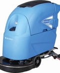 Pro Grade Auto Walk-Behind Floor Scrubber with 20 Inch Cleaning Path, dual 12V batteries, large tanks, blue color, side view