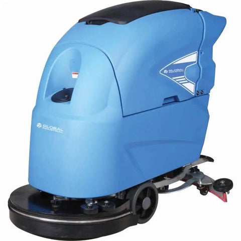 Pro Grade Auto Walk-Behind Floor Scrubber with 20 Inch Cleaning Path, dual 12V batteries, large tanks, blue color, side view