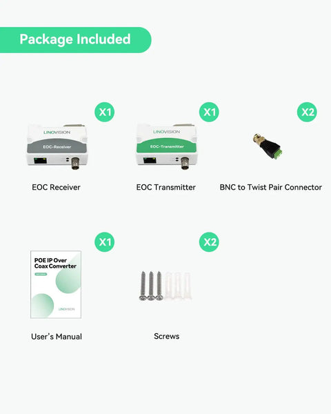 Smooth Analog To Ip Camera Upgrade Kit Using This PoE Over Coax EoC Converter Pair components including EOC Receiver, EOC Transmitter, and screws.