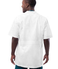 Back view of Unisex Short Sleeve Lab Coat, 31 Inch Length, White, Rugged Stitching, Back Midriff Detail, Durable Medical Grade Fabric