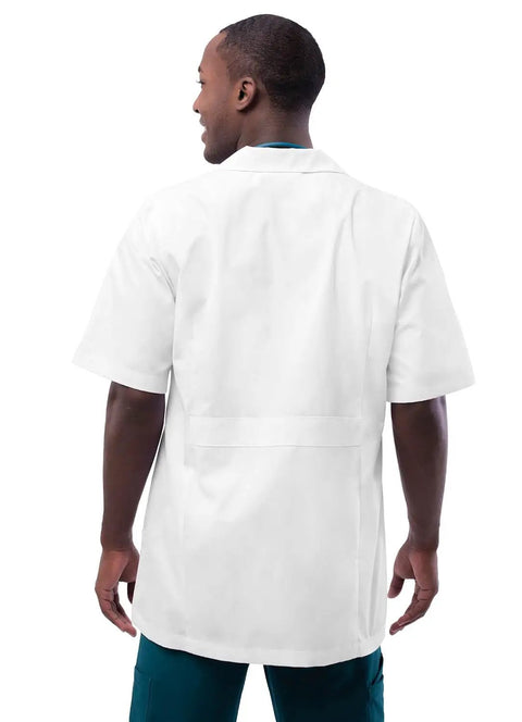 Back view of Unisex Short Sleeve Lab Coat, 31 Inch Length, White, Rugged Stitching, Back Midriff Detail, Durable Medical Grade Fabric