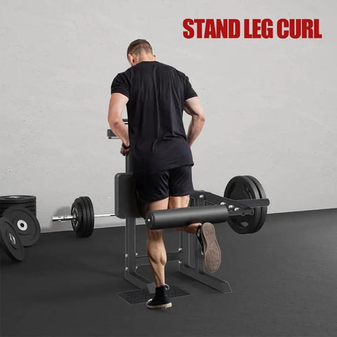 Standing Leg Curl Machine For Home Gym Lower Body Strength Training Gear in use by man, foldable design, black, calf and thigh exercise