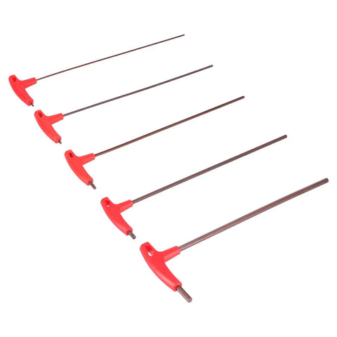 Absolute Beast 5 Piece T Handle Hex Wrench Set Forged From S2 Alloy Steel Heavy Duty Mechanical Repair Car Mechanic Work Rock Solid Build Quality With Full Size Range For CNC Machines And Garage Tool Organization Kits, five red T-handle hex wrenches